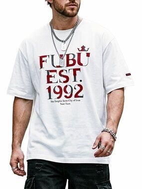 Y2K FUBU The Collection white cotton red velvet spell out crew neck t shirt L